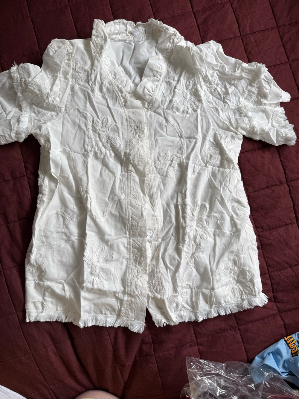 White Embroidered Short-Sleeve Button Front Top